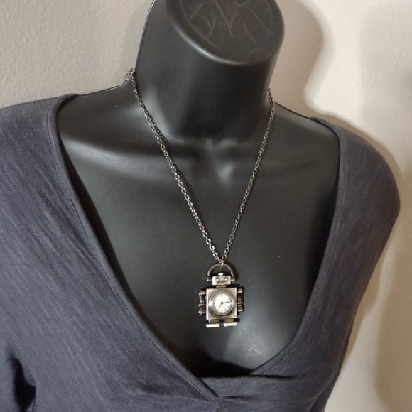 Very Cool Dark Silver Tone Robot Watch Pendant Necklace 21 Inches Long - Picture 11 of 11